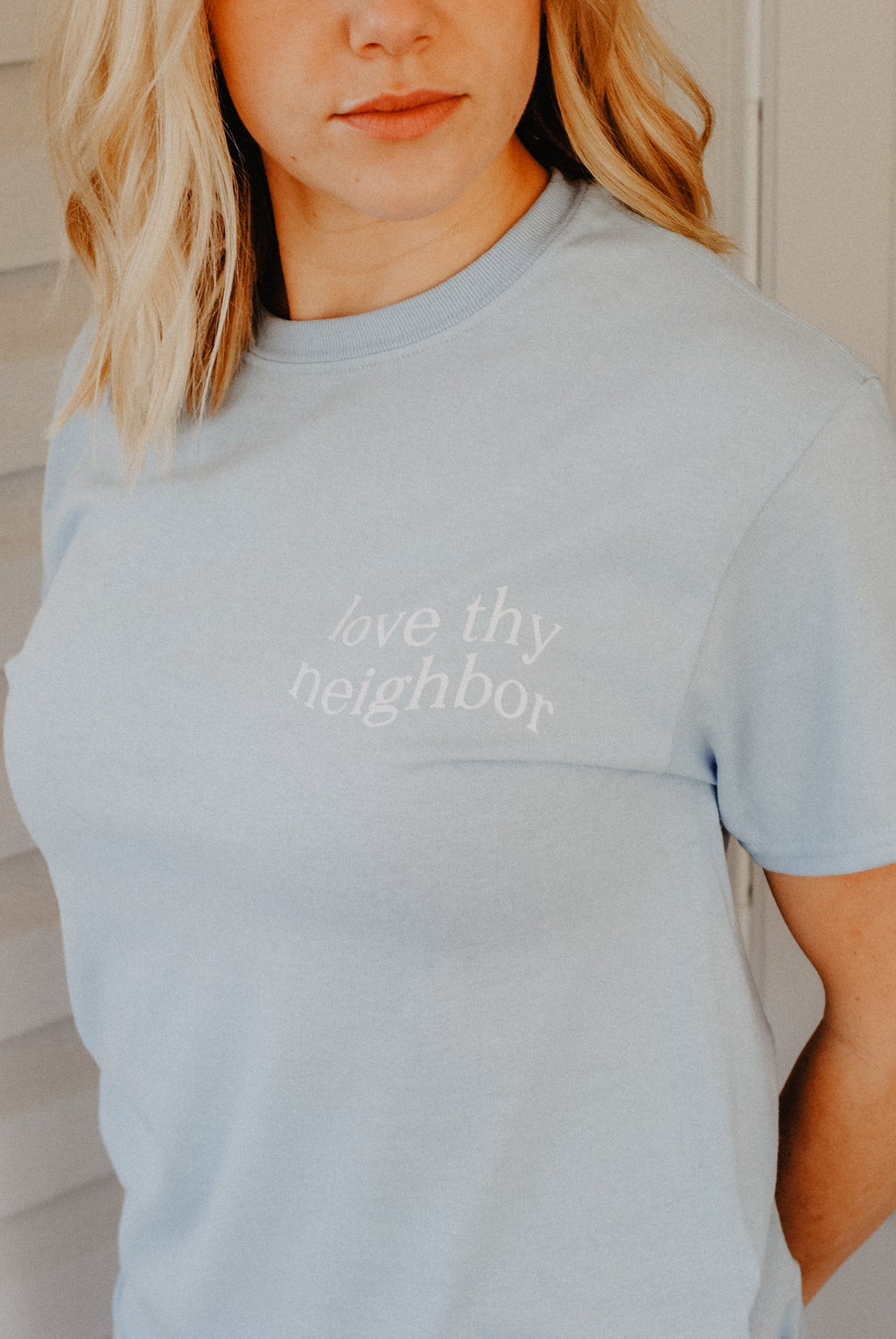 Love Thy Neighbor Premium T-Shirt - Pastel Blue - Christian Bracelets and Apparel - In His Name Company Products