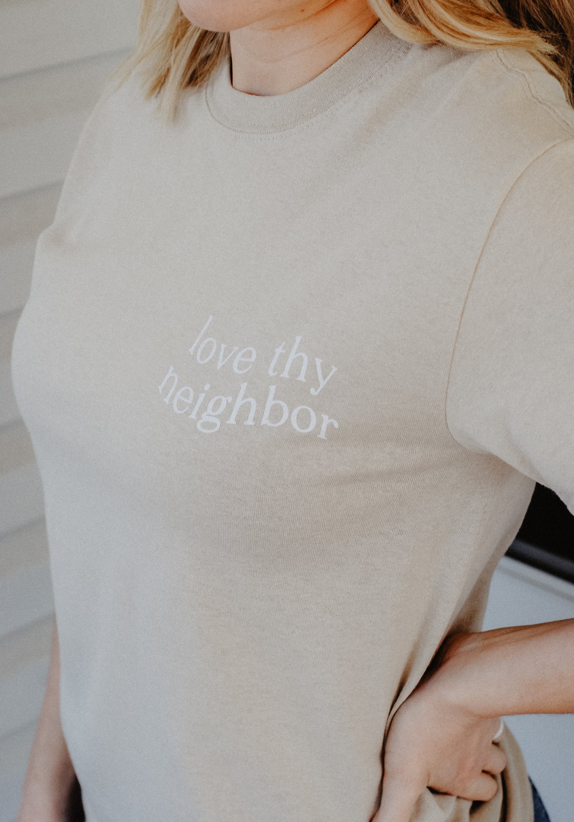 Love Thy Neighbor Premium T-Shirt - Sand - Christian Bracelets and Apparel - In His Name Company Products