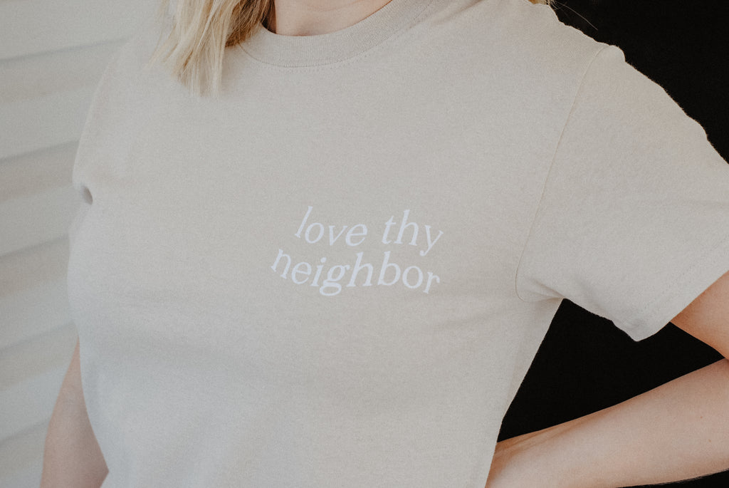 Love Thy Neighbor Premium T-Shirt - Sand - Christian Bracelets and Apparel - In His Name Company Products