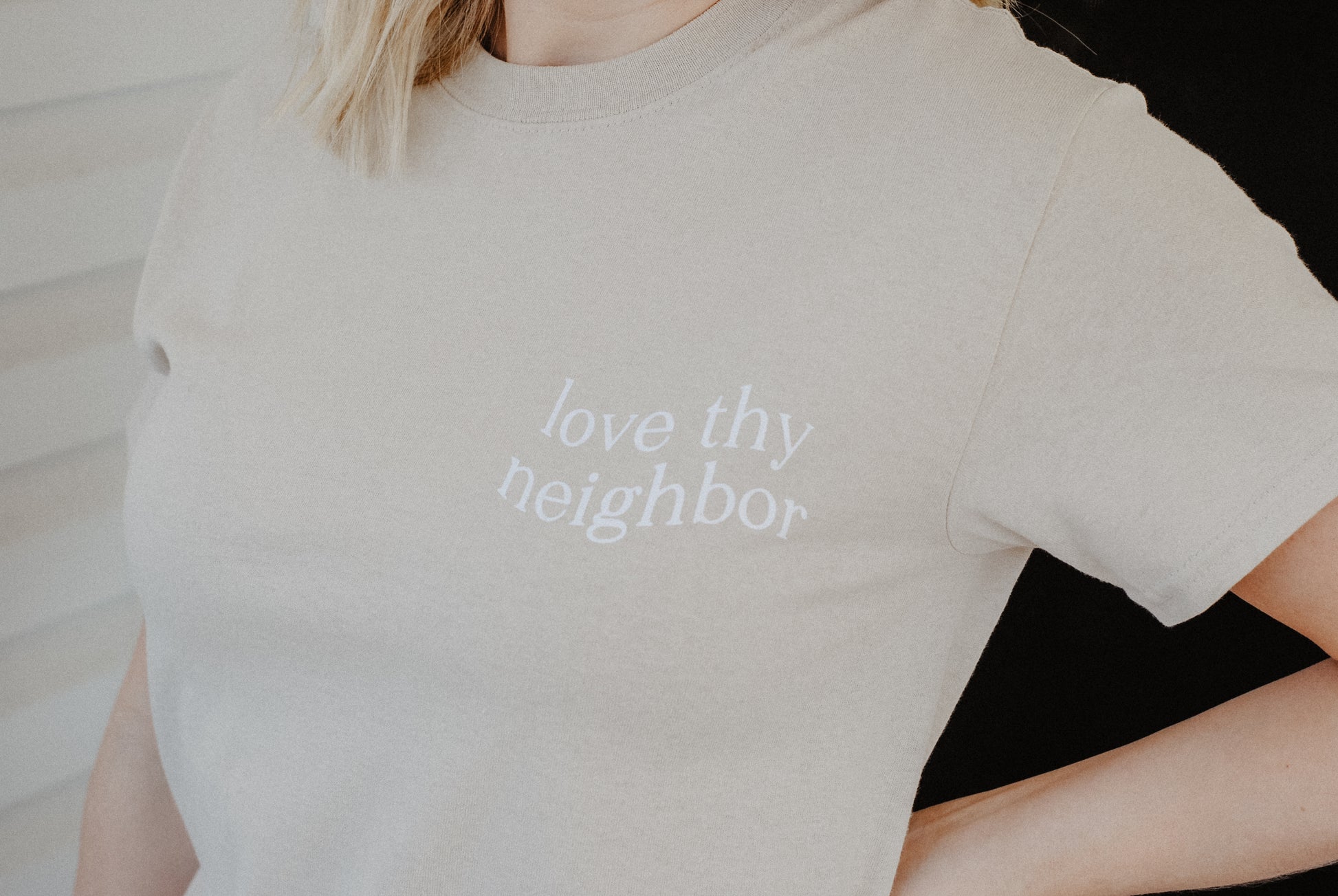 Love Thy Neighbor Premium T-Shirt - Sand - Christian Bracelets and Apparel - In His Name Company Products