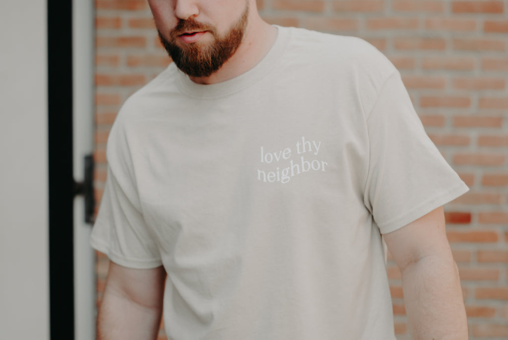 Love Thy Neighbor Premium T-Shirt - Sand - Christian Bracelets and Apparel - In His Name Company Products