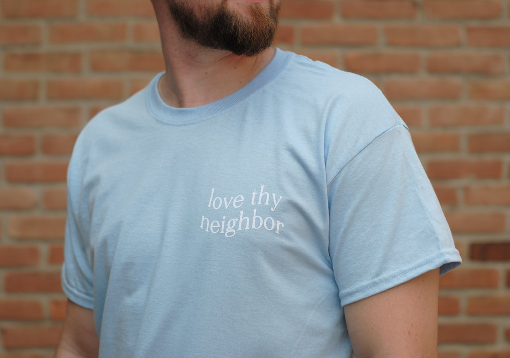 Love Thy Neighbor Premium T-Shirt - Pastel Blue - Christian Bracelets and Apparel - In His Name Company Products